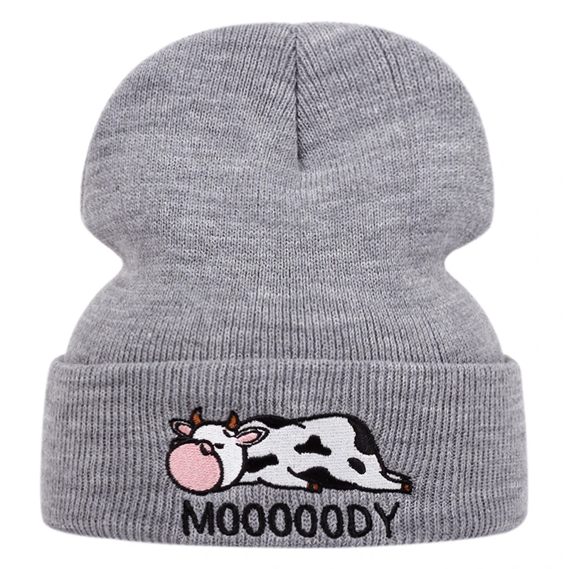Chapeau tricoté en forme de vache pour hommes et femmes, bonnet de ski brodé pour l'extérieur et l'hiver