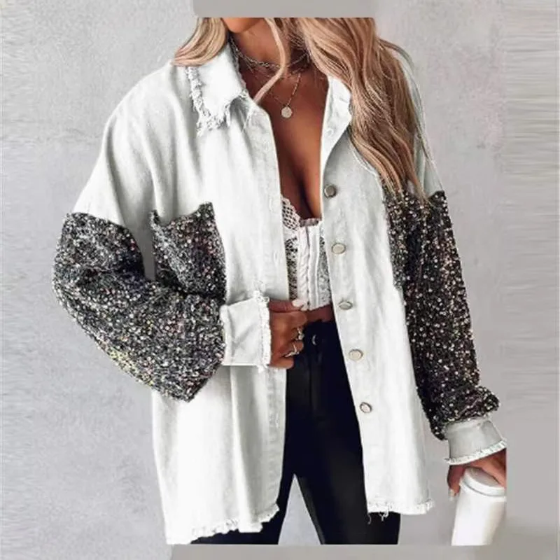 2025 New Spring and Autumn New Loose Casual Sequin Denim Tassel Shirt Jacket Women Clothing