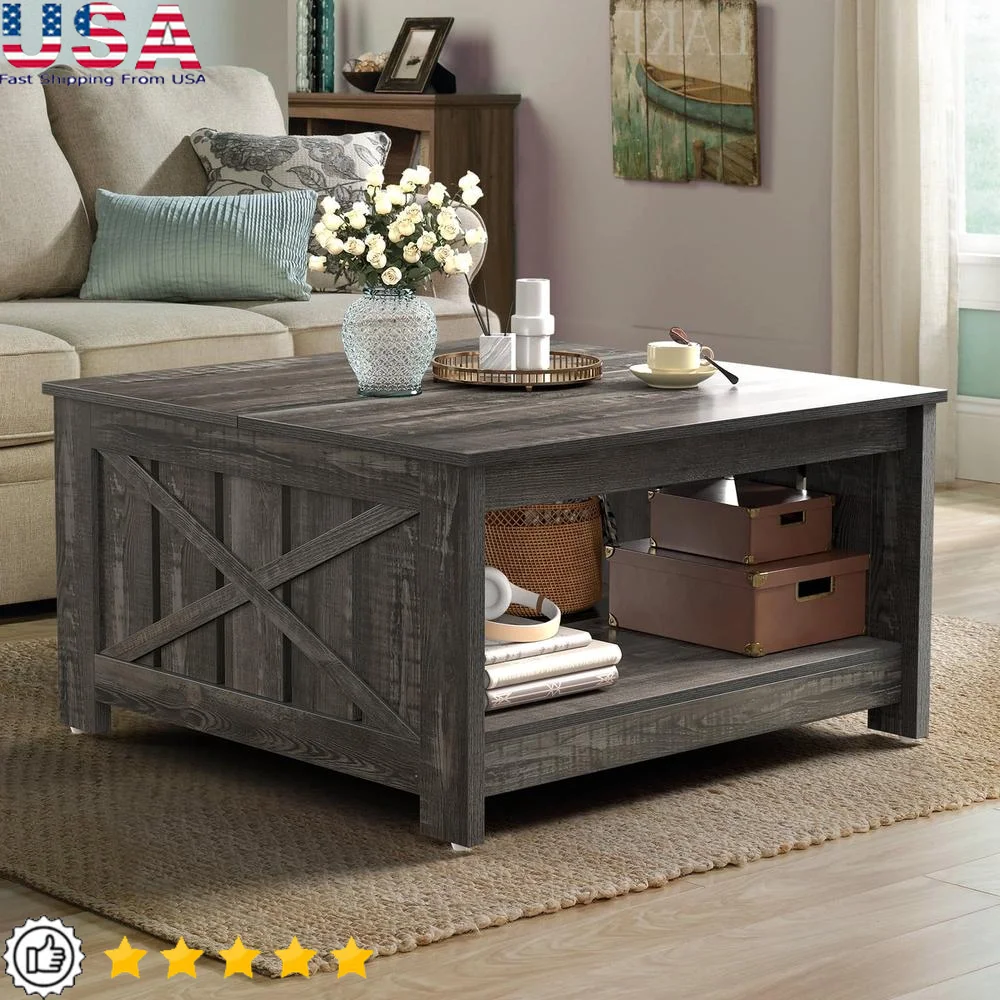 

Square Coffee Table with Open Storage Rustic Gray Wood Durable Coffee Table Living Room Farmhouse Style Easy Assembly Scratch
