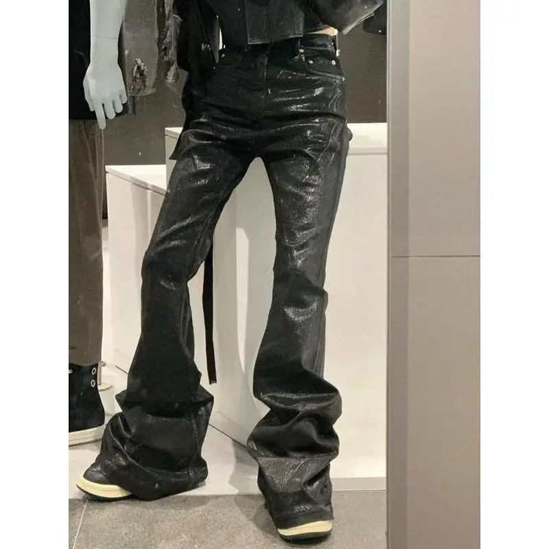 2026 Niche Dark Style Wax Coated Pure Black High Elastic Ribbon Jeans Wide Leg Slightly Flared Pants for Men