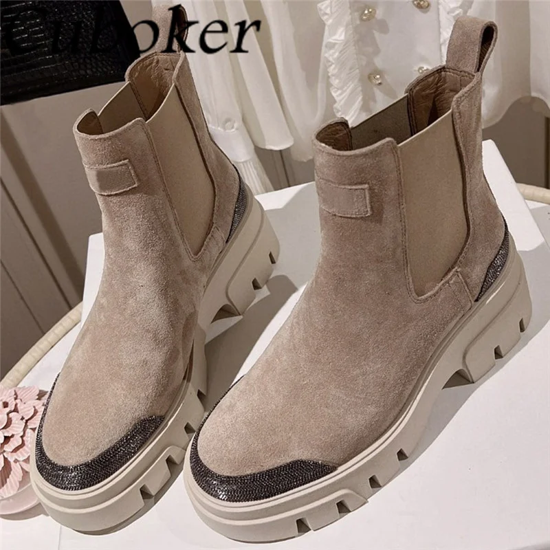 High Quality Women Suede Boots Lace up Thick Sole Round toe Female Suede Zip Ladies Motorcycle Winter Short Boots women mujer