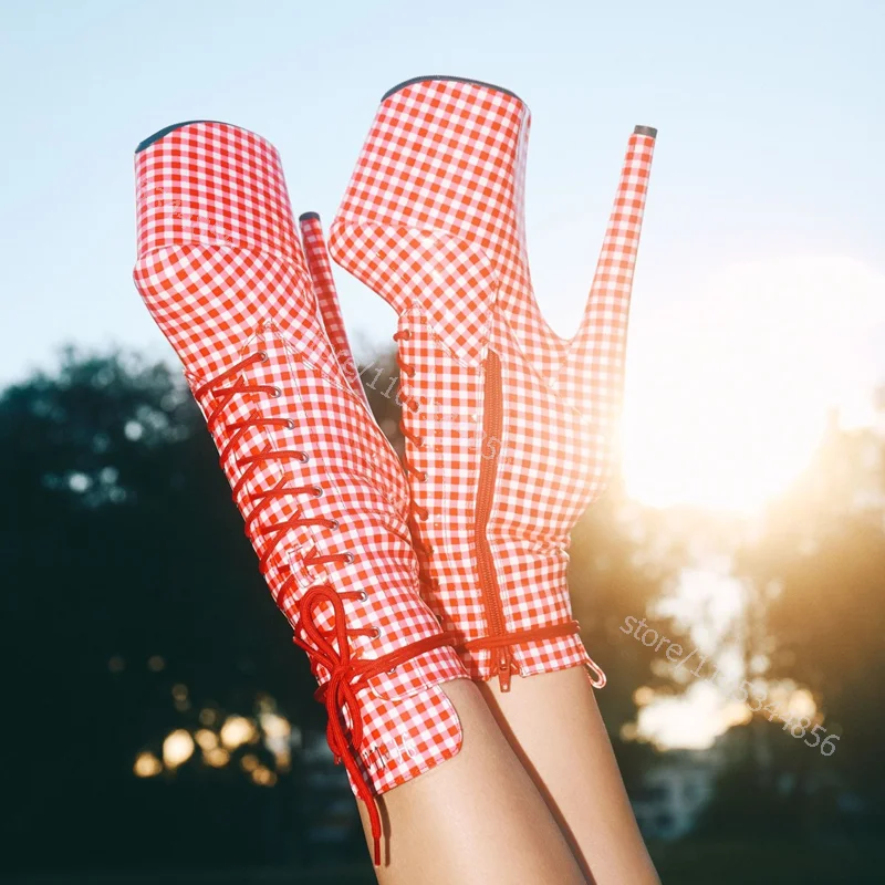 

Bright Red White Checkered Striped Boot Patent Leather Pole Dance Women 8inches 20Cm Platform Lace Zip Girl Heel Short Calf Shoe
