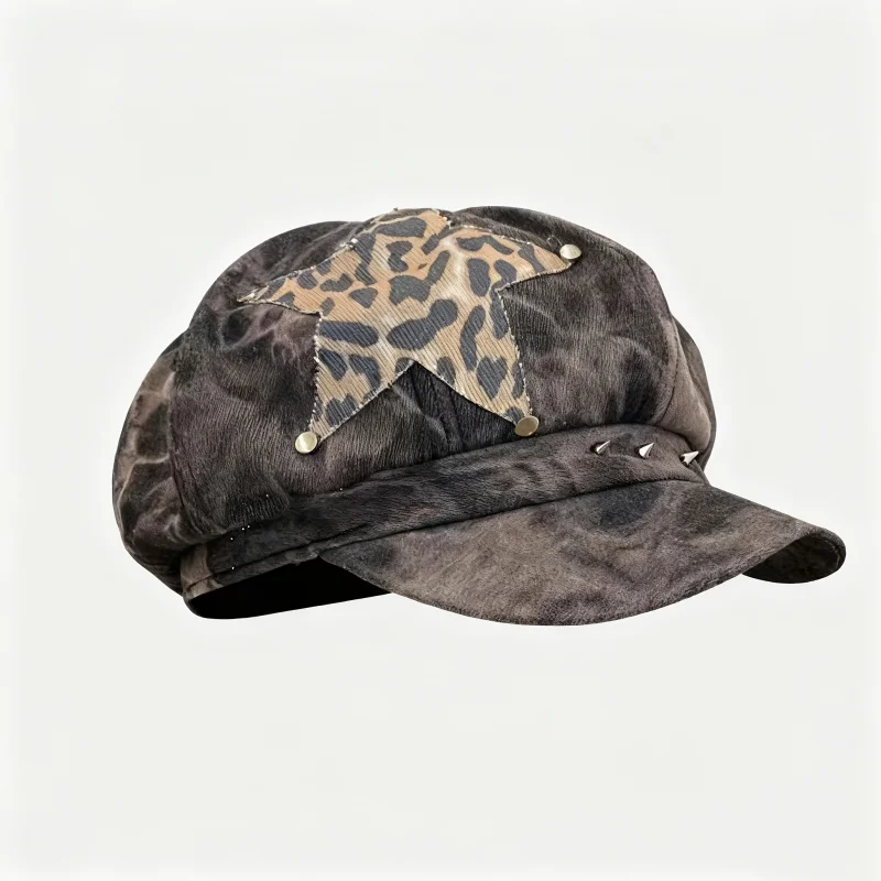 Men Women Vintage Distressed Trucker Hat with Leopard Star Patch & Metal Rivet Spike Casual Outdoor Parties Snapback Cap