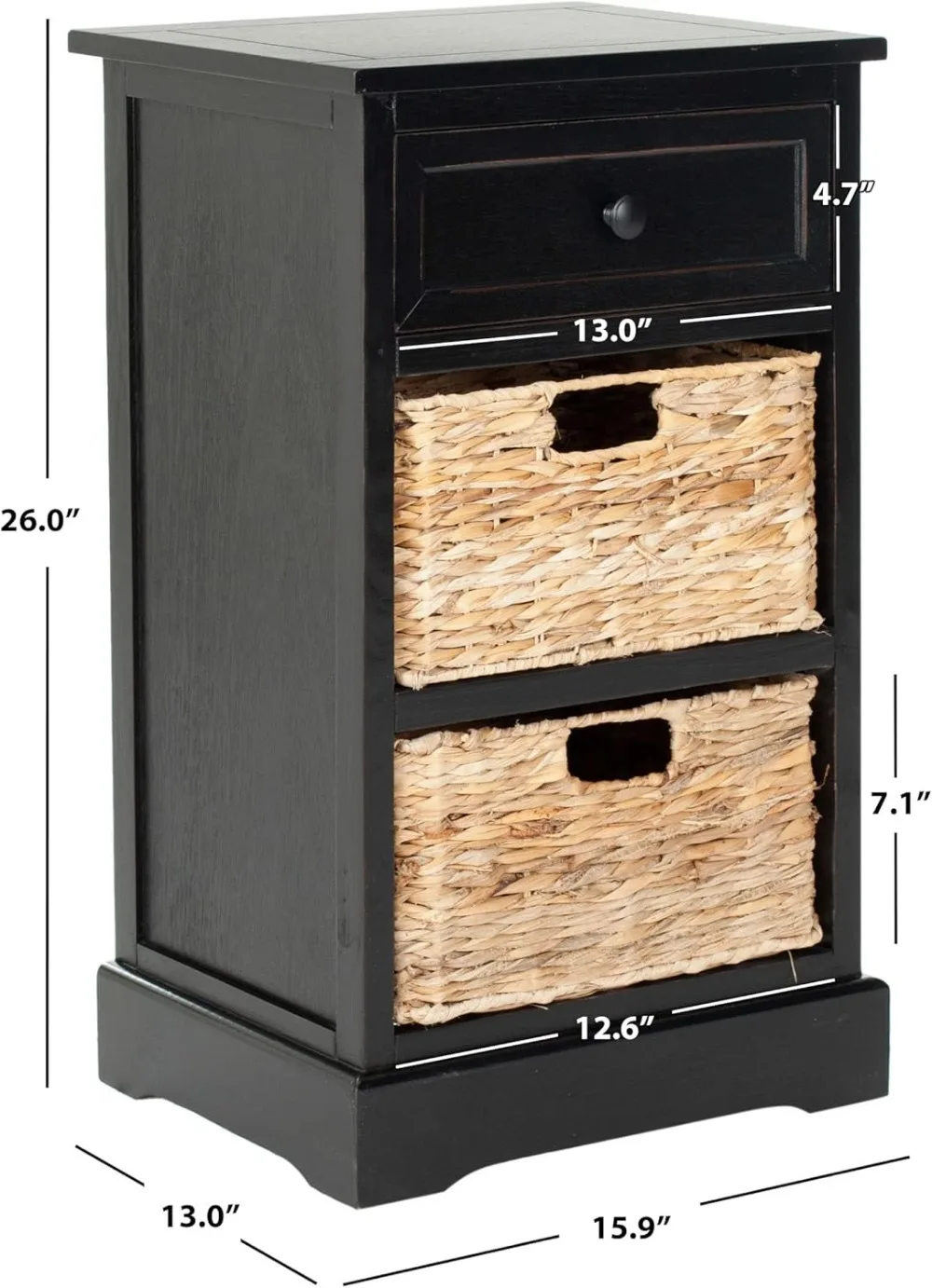 Distressed Black Wicker Nightstand with 3 Drawers - Fully Assembled Solid Pine Wood Side Table