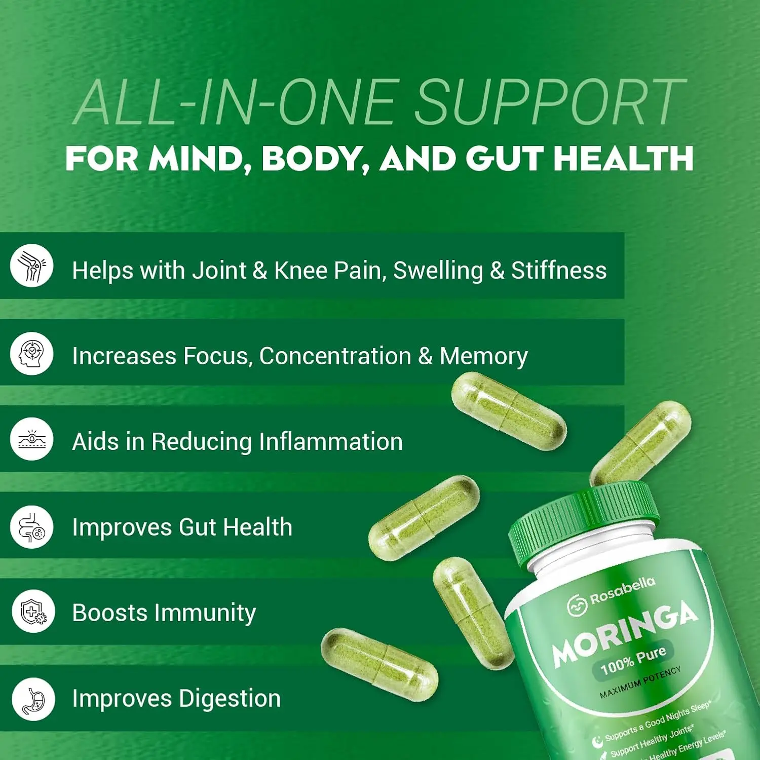 Moringa Powder Capsules - Pure Nutrient-Rich Moringa Powder - Supports Energy, Skin Health, Gut Health+