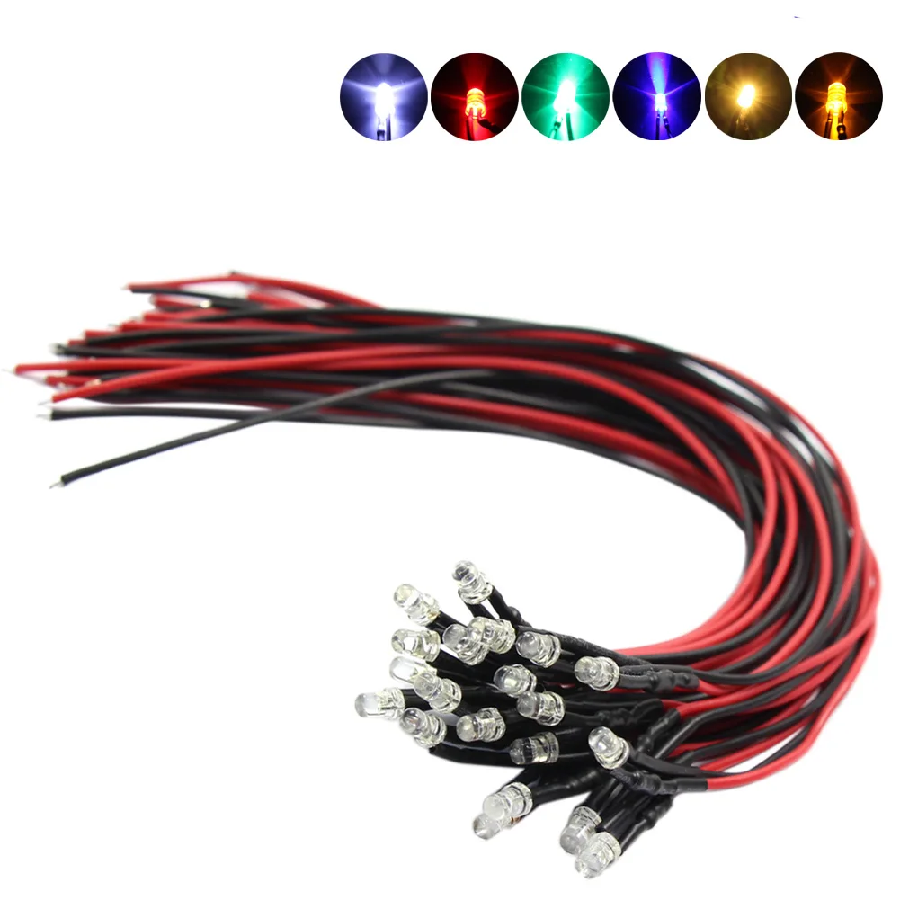 Evemodel 20pcs Pre-wired 3mm LED Light 20cm Cable 12V DC Warm Bright Red Yellow Green Blue L123