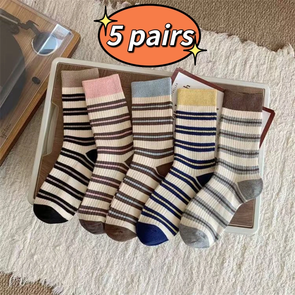 

5 pairs of mid-calf Korean white breathable casual girls' socks, striped men's socks, cute for women