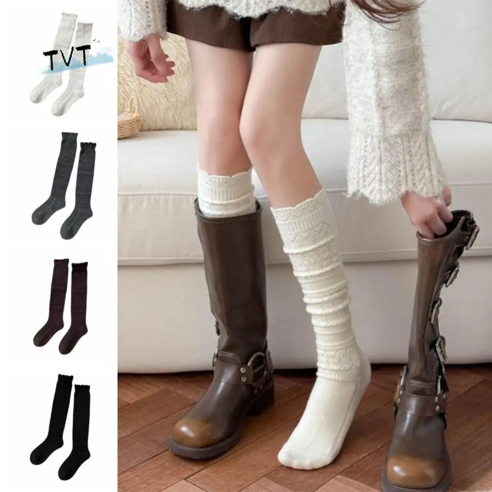 

Solid Color Autumn Knitted Socks Elastic Soft Women's Long Socks Comfortable Hollow Out Girl's Stacked Socks Lolita Style
