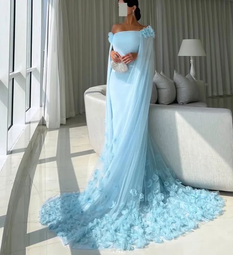 فساتين سهرة رسمية بحورية البحر باللون الأزرق السماوي مع كيب إسلامي عربي ثلاثي الأبعاد مخصصة بدون أكتاف فستان حفلات