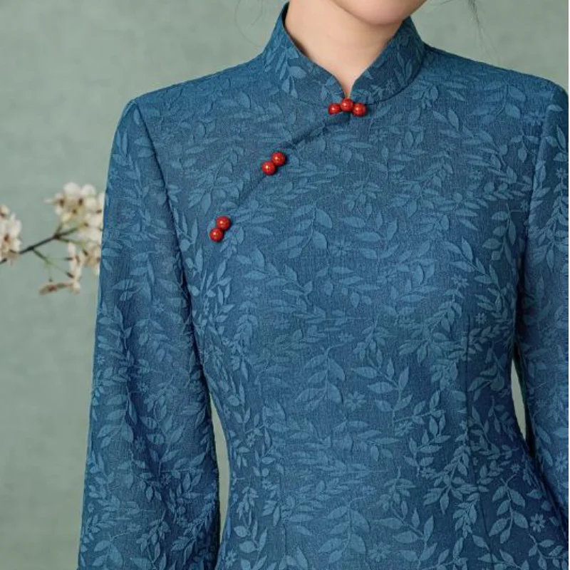 Elegant Mandarin Collar Cheongsam Jacquard Women Qipao Autumn Half Sleeve Chinese Style Dress Daily Party Hanfu Dress Vestidos