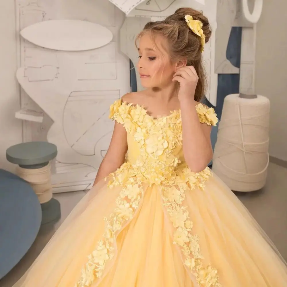 تخصيص فساتين فتاة الزهور الصفراء الديكور زين مهرجان عيد ميلاد للفتيات فساتين التواصل الأول للأطفال فساتين حفلة موسيقية