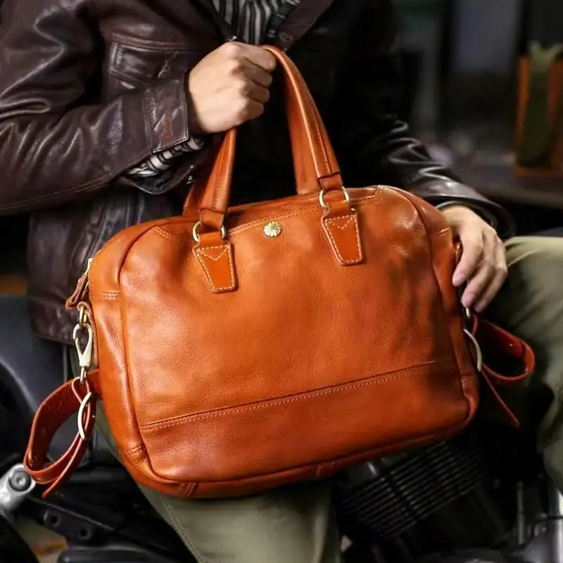 Business casual designers handmade tanned cowhide men's briefcases laptop handbag travel work genuine leather messenger bags