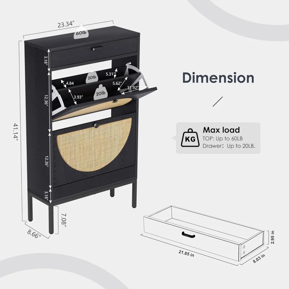 Shoe Cabinet Organizer with 2 Natural Semi-Circular Rattan Doors, Entryway Wooden Shoe Cabinet for Sneakers,High Heels, Slippers