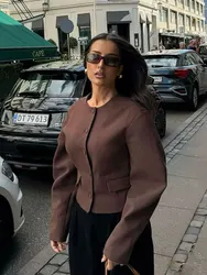 HH 2024 Autumn Fashion Blazer For Women Long Sleeves Single Breasted Balloon Fit O Neck Coat Top Female Elegant Streetwear