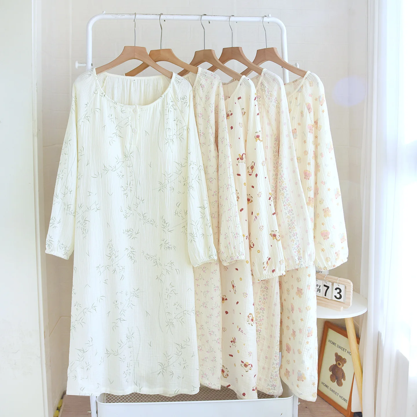 

Spring Long-Sleeve Nightgown for Women Sweet and Cute Korean Fashion Style Clothes with Chest Pads Thin Night Dress Women