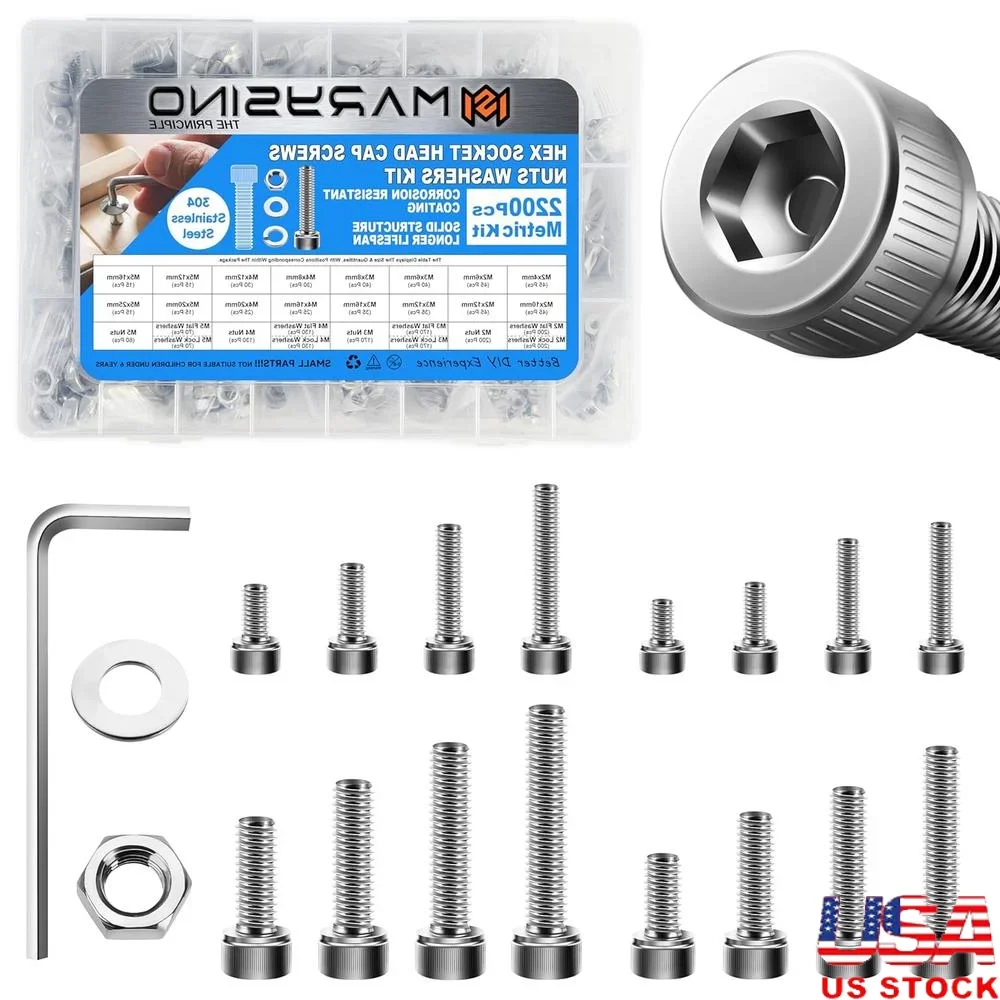 

2200Pcs M2 M3 M4 M5 Metric Screw Assortment Kit Stainless Steel Bolts Nuts Washers Hardware Set