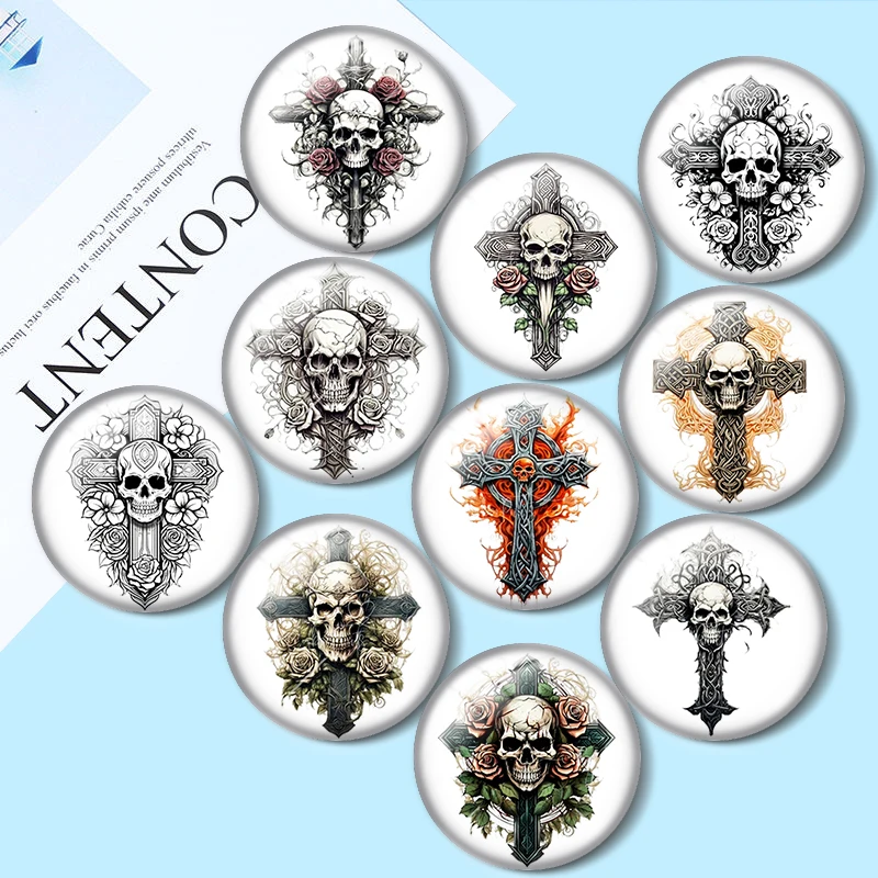 Celtic Skull Cross Watercolor  10pcs 12mm/16mm/18mm/25mm Round Photo Glass Cabochon Demo Flat Back Making findings