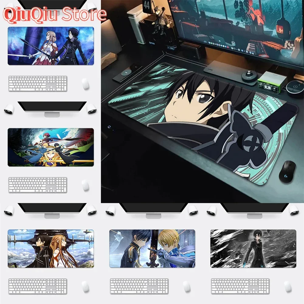 Alfombrilla de ratón Anime Sword Art Online con impresión HD para jugadores de ordenador, alfombrilla de ratón antideslizante con borde de bloqueo XXL90x40cm, teclado, alfombrilla de escritorio para PC