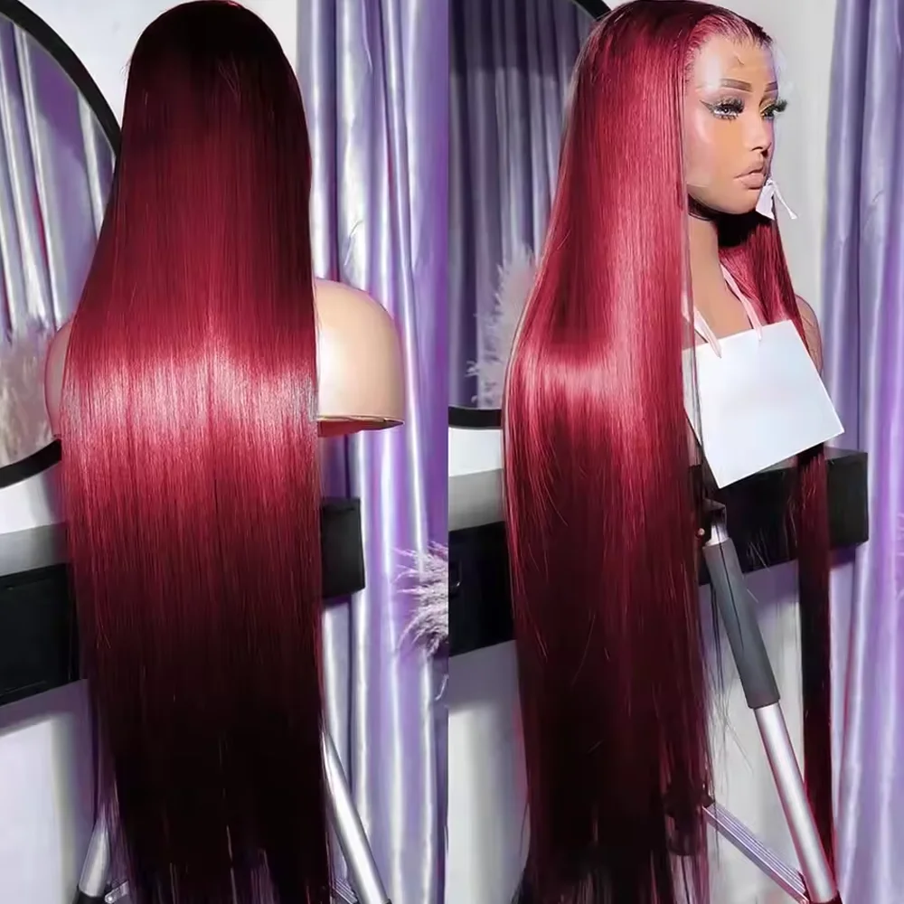 13x4 بورجوندي مستقيم الدانتيل الجبهة الباروكات شعر الإنسان مستقيم Hd الدانتيل الباروكات الأمامية الملونة الأحمر 99J خصلات الشعر المستعار الإنسان للنساء
