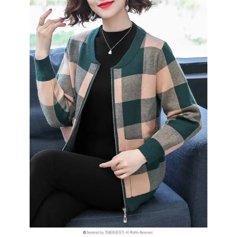 

Кардиган на молнии с длинными рукавами, клетчатый контрастный повседневный модный топ