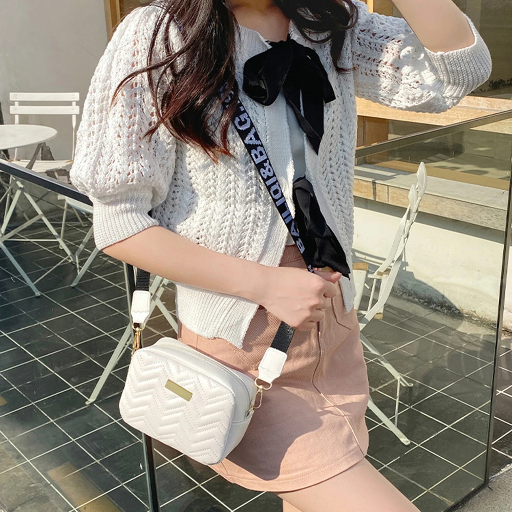 Fashion Women Shoulder Bags With Wave Pattern Solid Color Crossbody Bag Pu Leather Wide Shoulder Strap Bag Purse Female Handbags