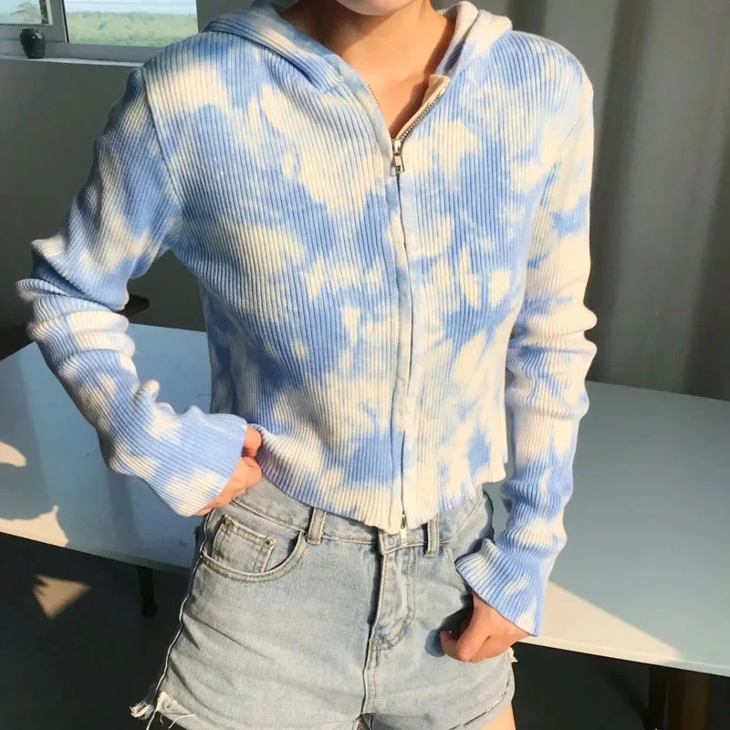 2023 Crop Sweater Women Spring New Tie-Dye Long Sleeve Knitted Sweaters Double Zipper Hooded Female Cardigan Harajuku Coat Blue