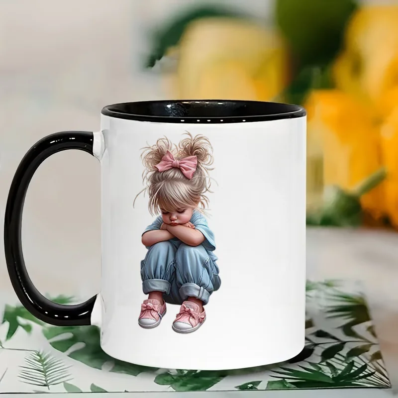 Cute Sleeping Girl With Pink Bow Colorful Print Ceramic Coffee Mug, 11oz 350ml Personalized Custom Mug, Microwave Safe Cute Aest