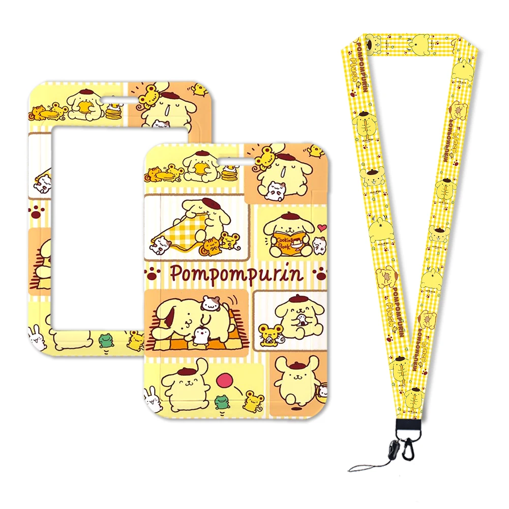 Sanrio Kawaii Cartoon Lanyard para crianças, titular do cartão de identificação, crachá chaveiro, correias de pescoço, corda pendurar, cachorro, pompurin, ônibus, presentes