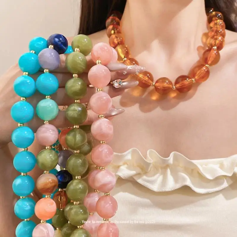 Colorful Handmade Bohemian Acrylic Beaded Choker Lightweight Necklace for Women Outdoor Picnic Wear