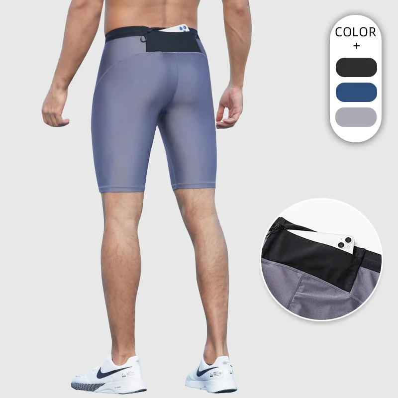 Shorts de Compressão com Bolsa de Cintura Masculina, Ajuste Apertado, Alta Elasticidade, Treino Longo, Esportivo, Ginásio, Maratona, Masculino, Verão