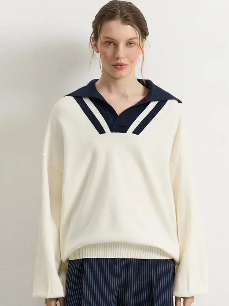 

Women's Long Sleeve V-neck Knitted Sweater Fashion Contrast Color Loose Female Pullover New Autumn Warm Street Knitwear 2025