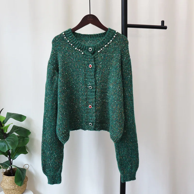 Green nail bead knitted cardigan 2024 autumn and winter new round neck loose western-style age reducing sweater jacket for women