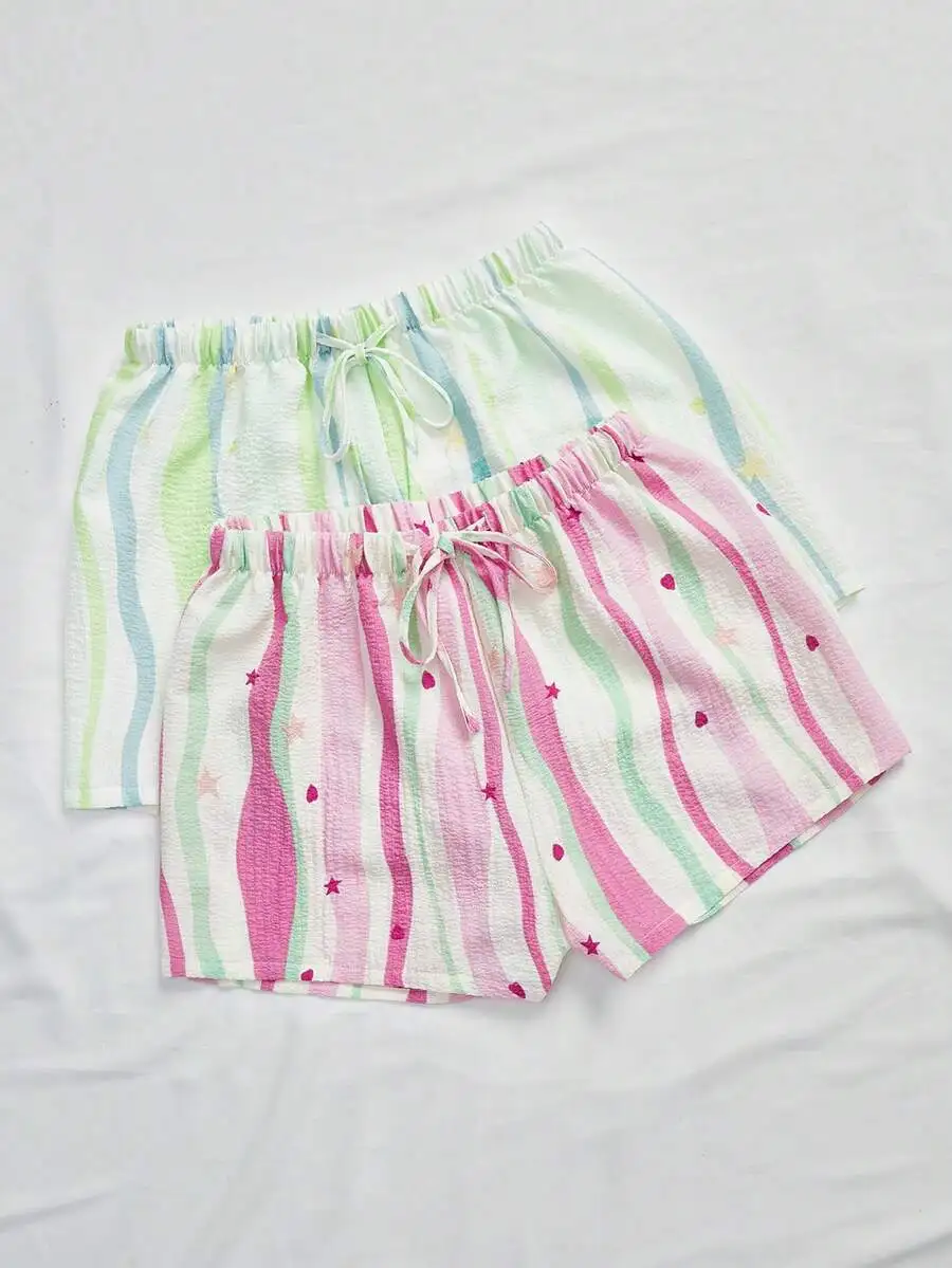 

2pcs/Set Colorful Wavy Striped Casual Lounge Shorts For Women