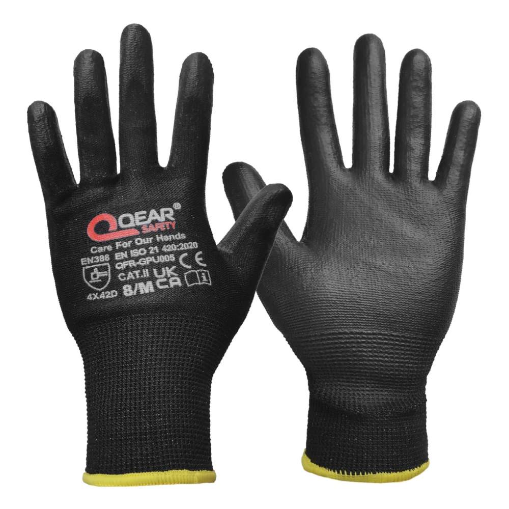 Black Cut Level D Protect General Work Safety Gloves, Thin PU Palm And Fingertips Coated, Dexterity, Grip, Breathable