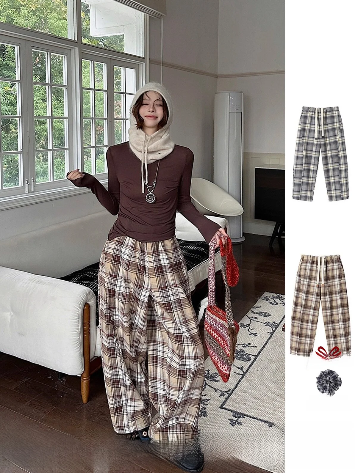 

REREK Brand Elastic Waist Plaid on Fce Long Pants Casual Cotton Trousers for Women Loose Fit Daily Wear