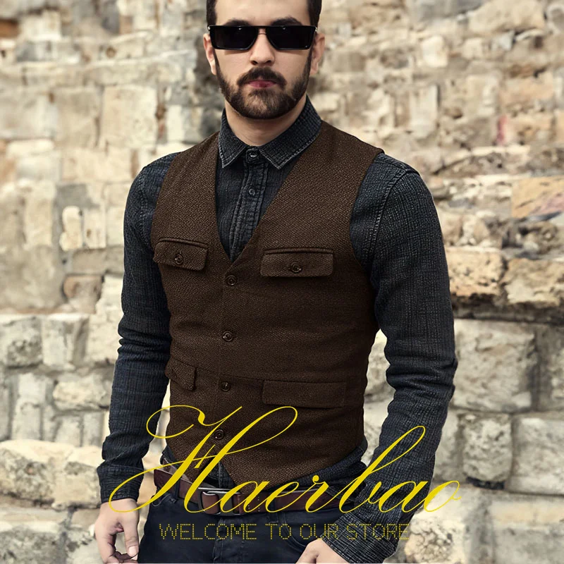 Vest for Men V Neck Herringbone Sleeveless Jacket Vintage Style Steampunk Men Vest Business colete masculino