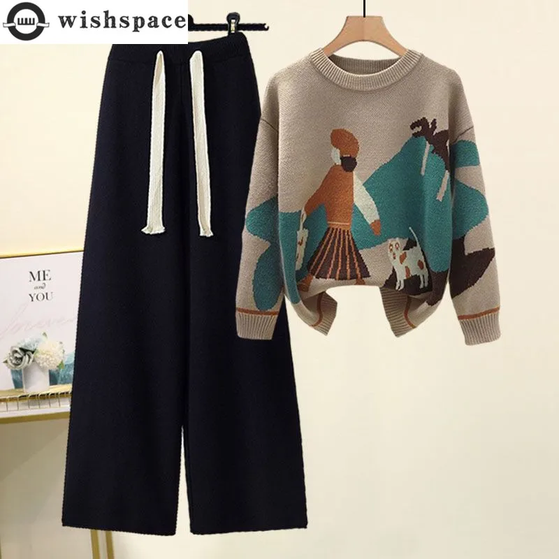 Herbst- und Winter-Set für Damen, neuer Lazy-Style-Pullover im westlichen Stil, altersreduzierendes Schlankheits- und Hosen mit weitem Bein, zweiteiliges Set