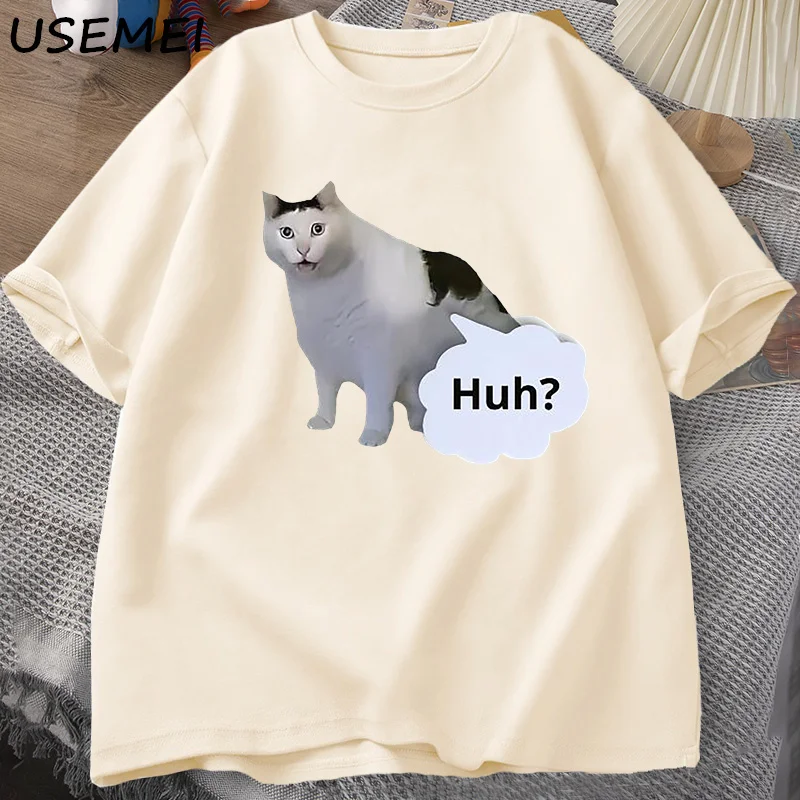 Huh Cat Funny Meme T Shirt Men Women Absurd Weirdcore T-Shirt Casual Round Neck Cotton Short Sleeve Tshirt Unisex Streetwear Tee