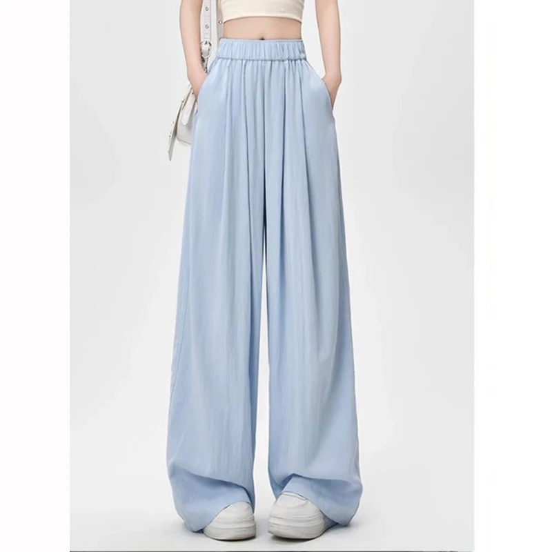 

Классические модные тонкие прямые брюки для девочек, женские брюки из ледяного шелка с высокой талией, женские корейские однотонные мешковатые брюки