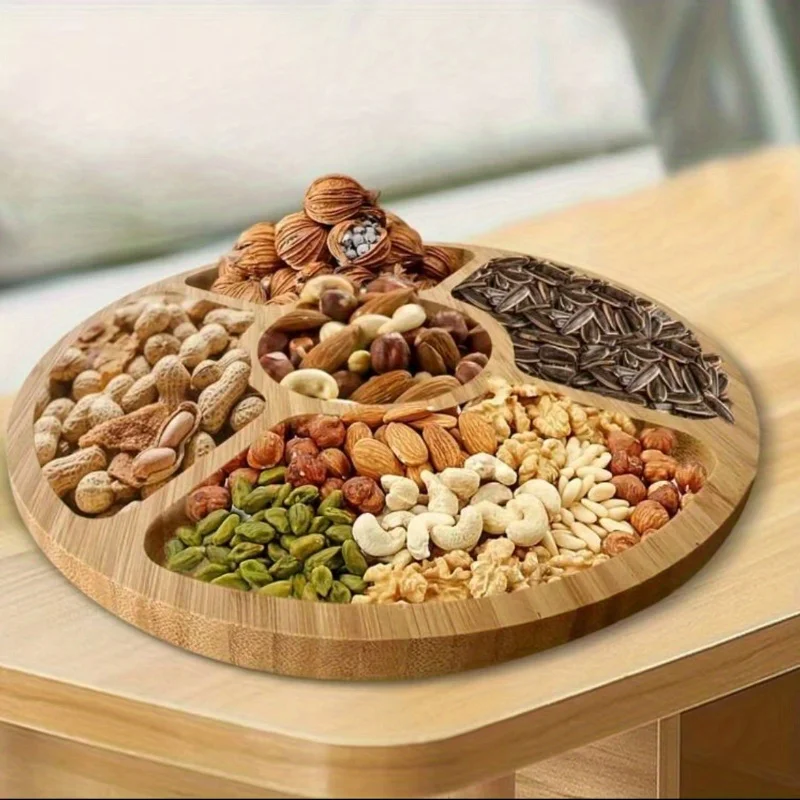 Round Bamboo Serving Tray Handmade Wood Snack Plate for Fruits Cheese Breakfast in Bed Dining Room Decor Gift