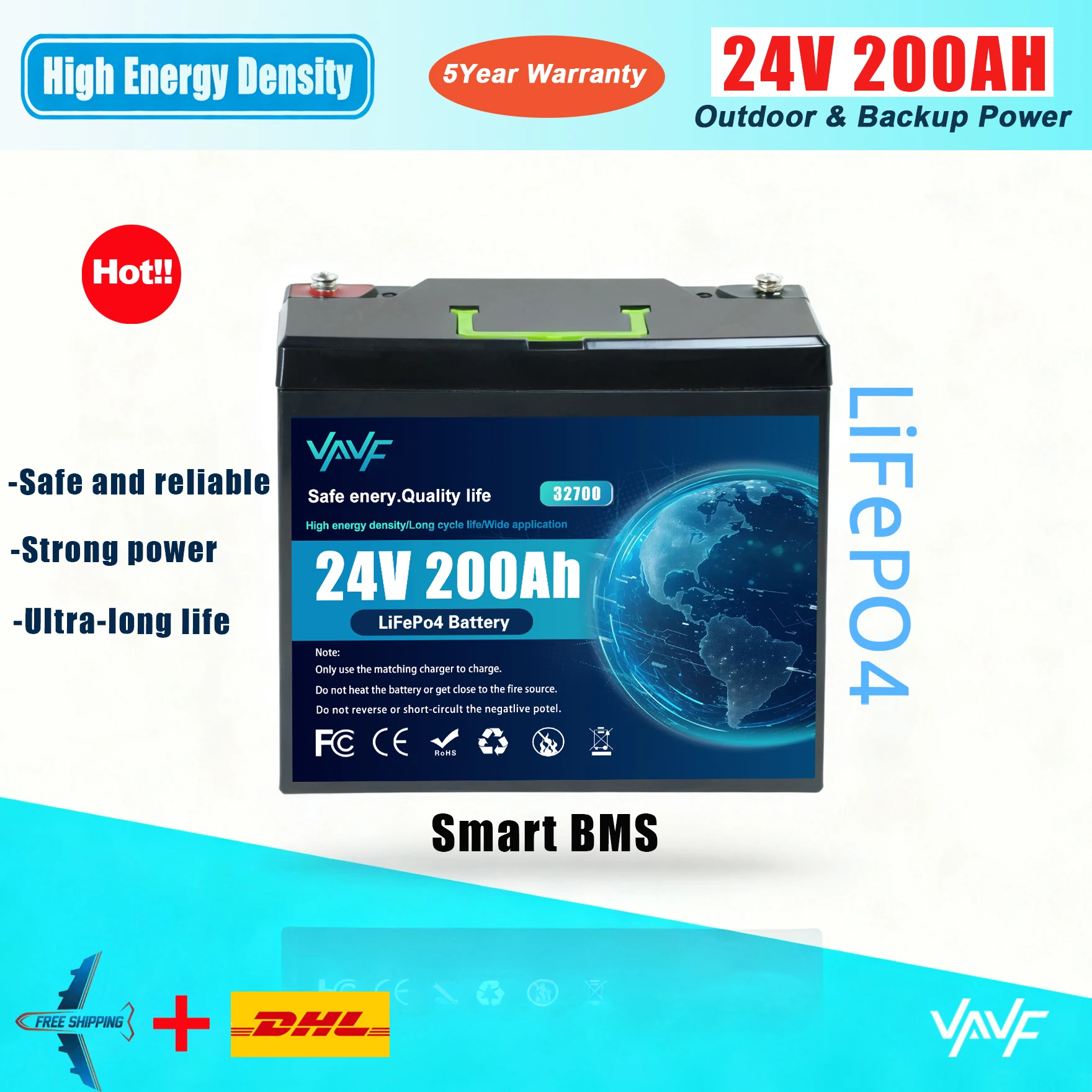 

LiFePO4 Батарея Солнечная батарея 24 В 200 Ач с интеллектуальным BMS для хранения солнечной энергии ⚙️ Рекреационная техника, ️ и морское использование