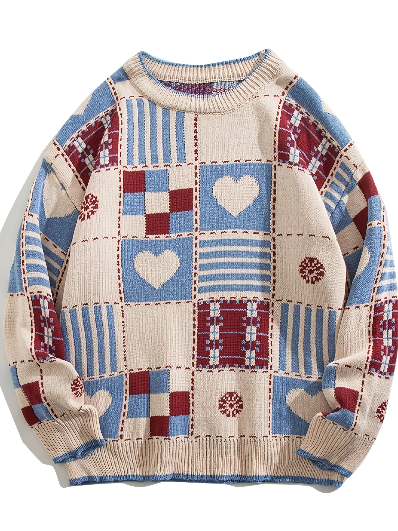 

Autumn and Winter Unisex Retro Plaid Heart Round-Neck Sweater, Loose Fit for Couples, Lazy Style