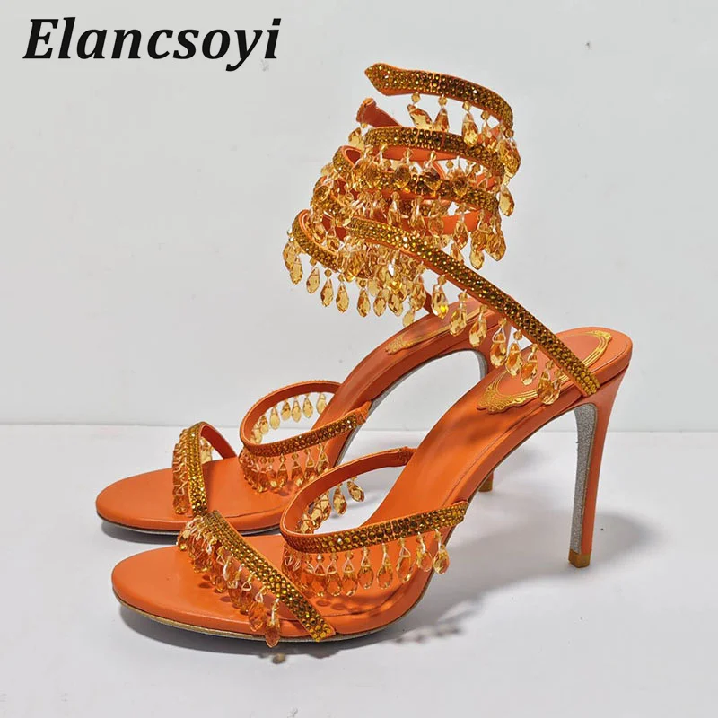 Stiletto Sandals Women Bling Rhinestone Tassels Snake Shaped Winding Prom Shoes Summer Sexy High Heels Gladiator Sandalias