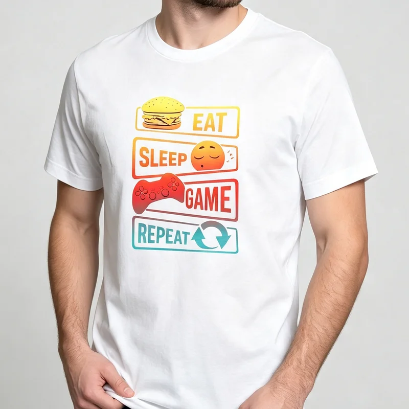 Vintage Eat Sleep Game Repeat Graphic Tee Funny Gamer Gift Shirt Casual Cotton Streetwear T-Shirt for Men Women Y2k Top