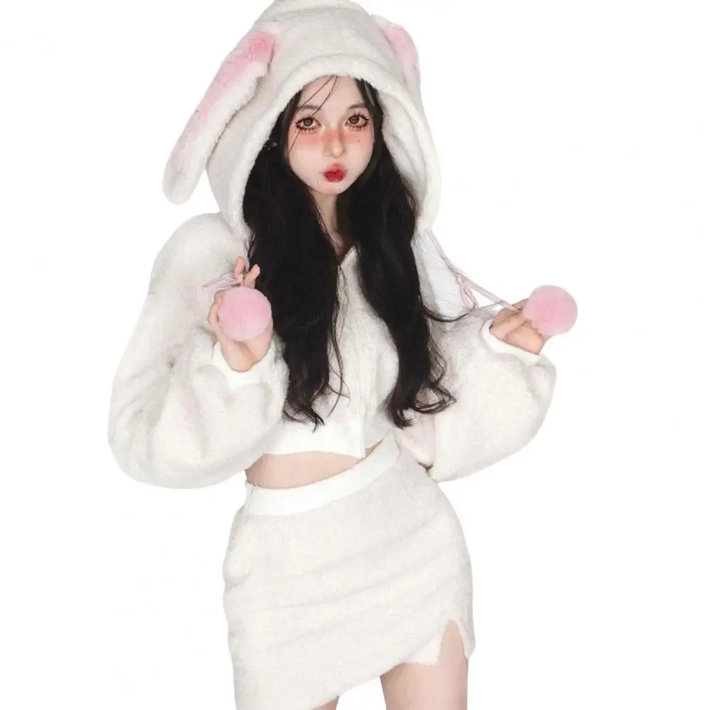 Rabbit Shape Clothing Set Cozy Bunny Ear Hoodie Skirt Set for Women Plush Cosplay Outfit with High Waist Mini Skirt for Home