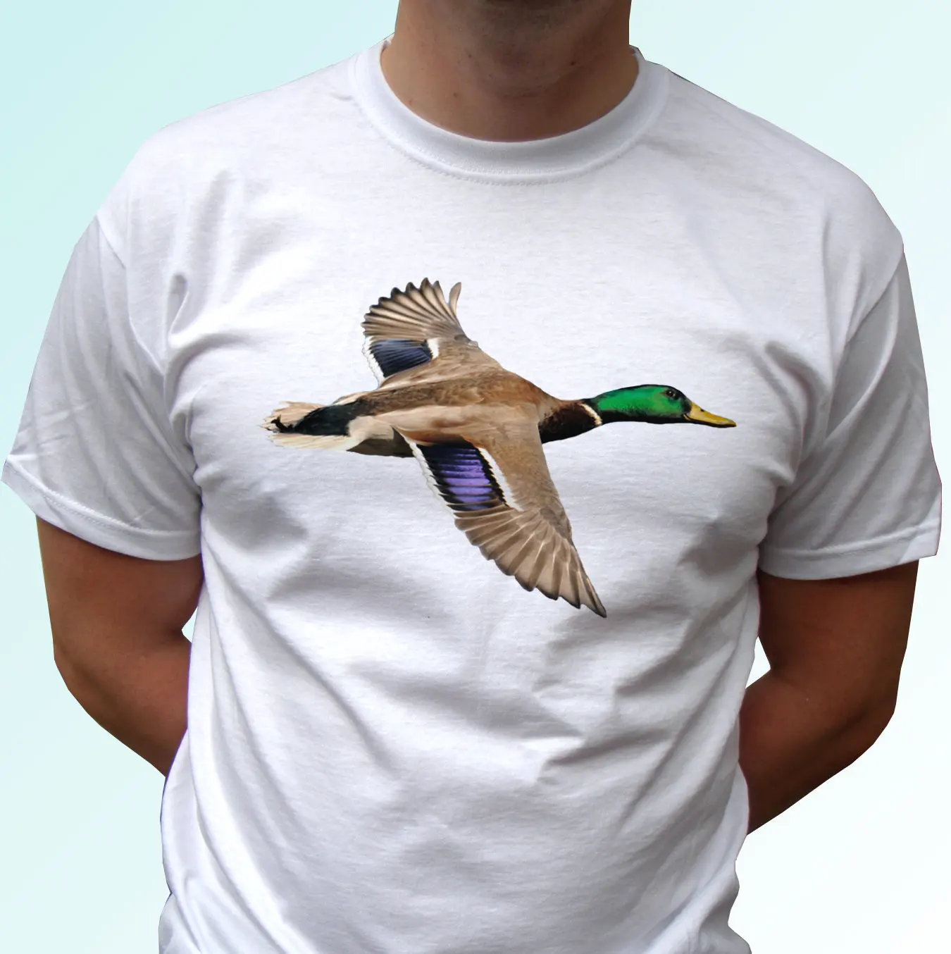 Duck flying white T Shirt top tee design art mens womens kids baby sizes