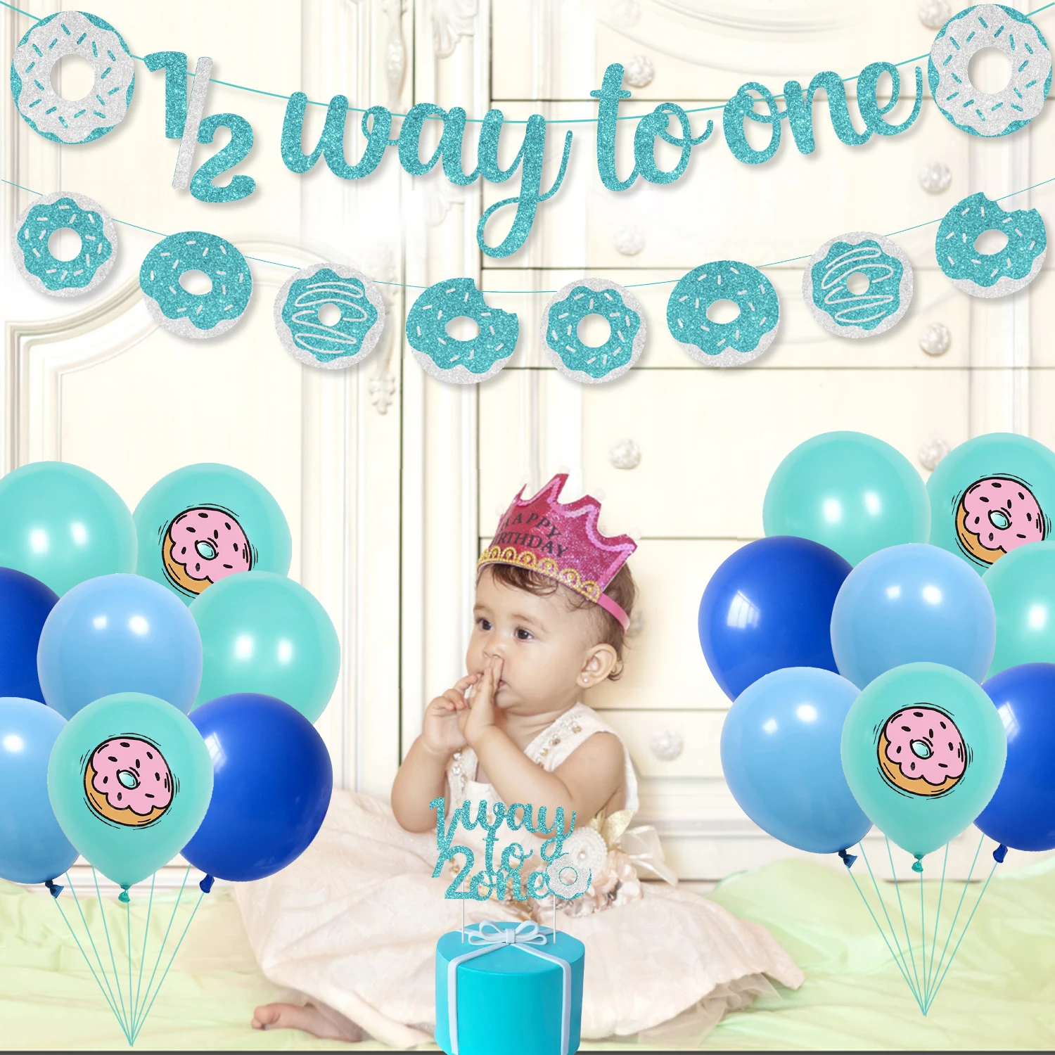 Donut Theme Half Birthday Party Decorations Blue 1/2 Way To One Banner Cake Topper Donut Balloon Set for 6 Months Boys and Girls