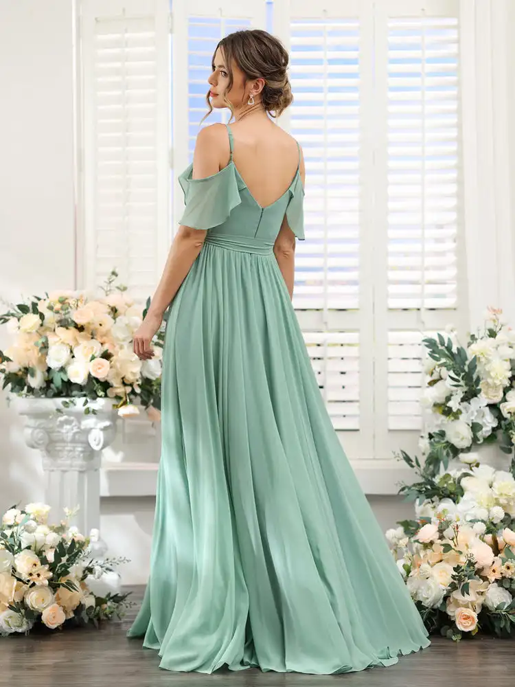 Chiffon Off the Shoulder Ruffles A-Line Bridesmaid Dresses V-Neck Spaghetti Straps Backless High Slit Formal Evening Prom Gowns