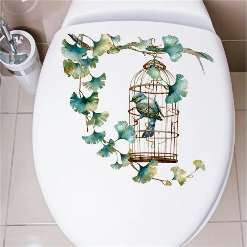 1PCS Self Adhesive Painted Ginkgo Leaves Tree Branches Birdcage Toilet Wall Stickers For Bedroom Bathroom Mural Home Decoration