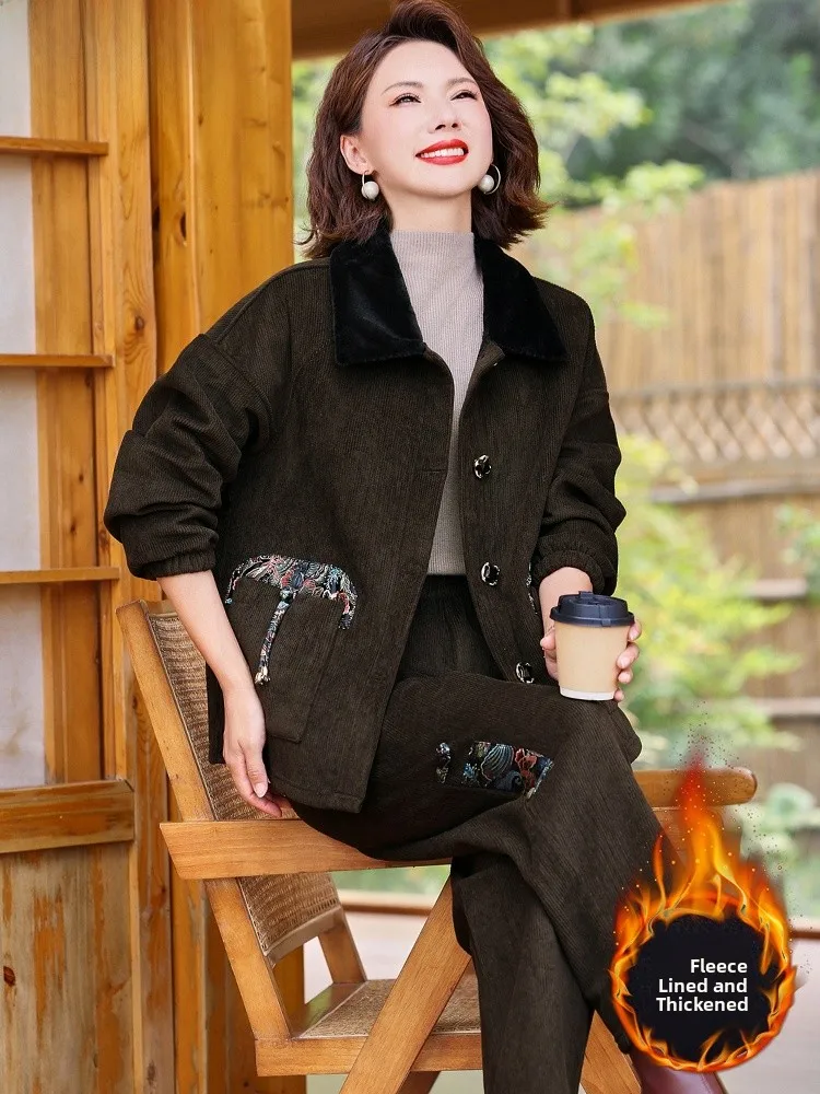

Thiened Fce Winter Outfit Set for Middle-Aged Women Warm Cotton Jaet Coat Two-Piece Set Faionable Loose Sle ort ...